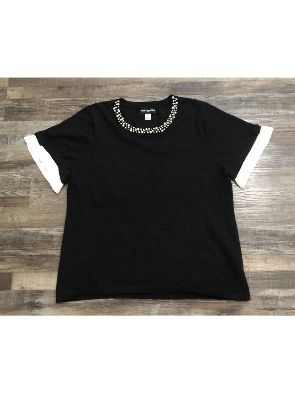 Karl Lagerfeld Womens XL Black Paris Shirt with White Bead Details